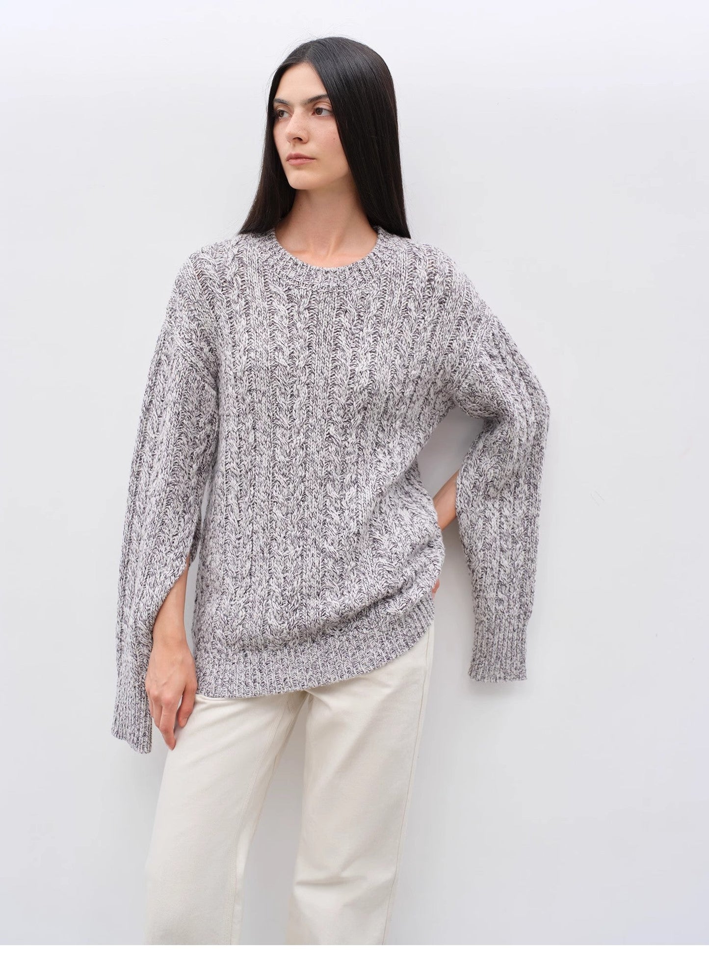 Cable-Cut Round Neck Wool Blend Sweater