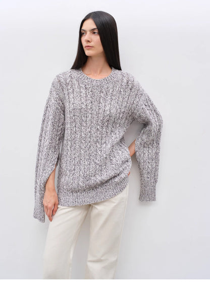 Cable-Cut Round Neck Wool Blend Sweater
