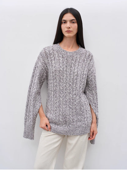 Cable-Cut Round Neck Wool Blend Sweater