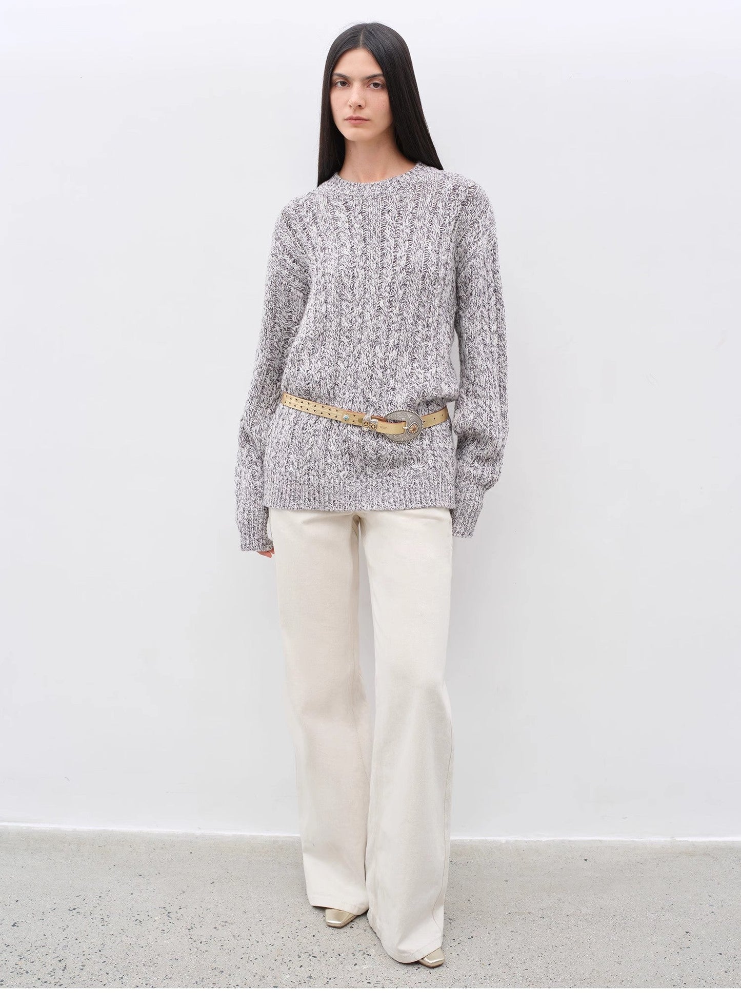 Cable-Cut Round Neck Wool Blend Sweater