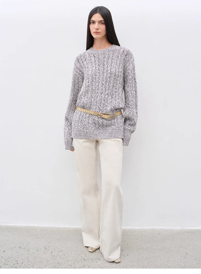 Cable-Cut Round Neck Wool Blend Sweater