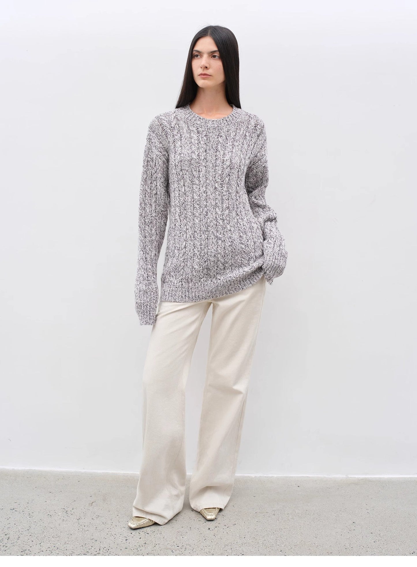 Cable-Cut Round Neck Wool Blend Sweater