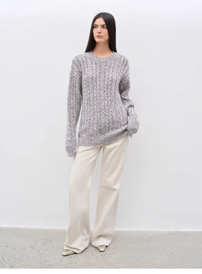 Cable-Cut Round Neck Wool Blend Sweater