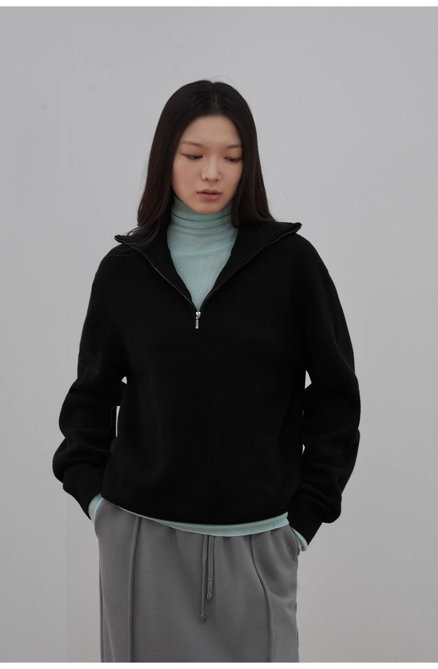 Merino Wool Lazy Loose Zipper Turtleneck Sweater