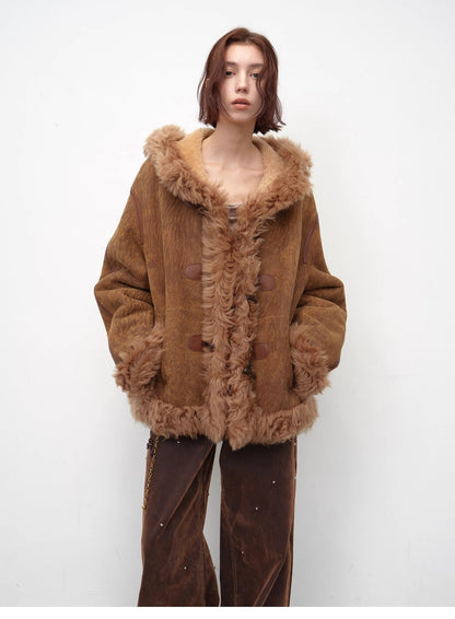 Drop Shoulder Hooded Merino Wool Sheepskin Fur Coat – Winter Edition