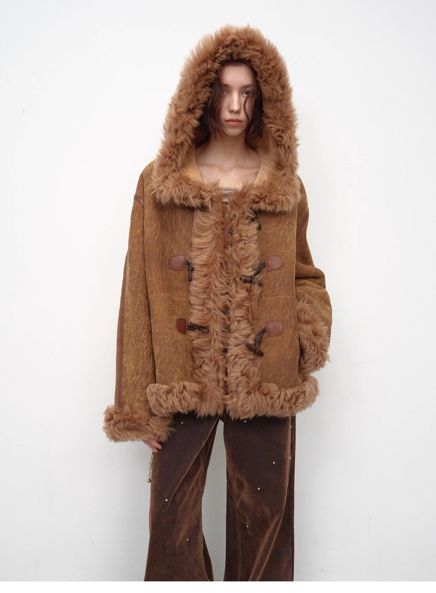 Drop Shoulder Hooded Merino Wool Sheepskin Fur Coat – Winter Edition