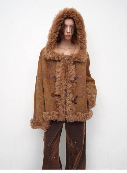 Drop Shoulder Hooded Merino Wool Sheepskin Fur Coat – Winter Edition