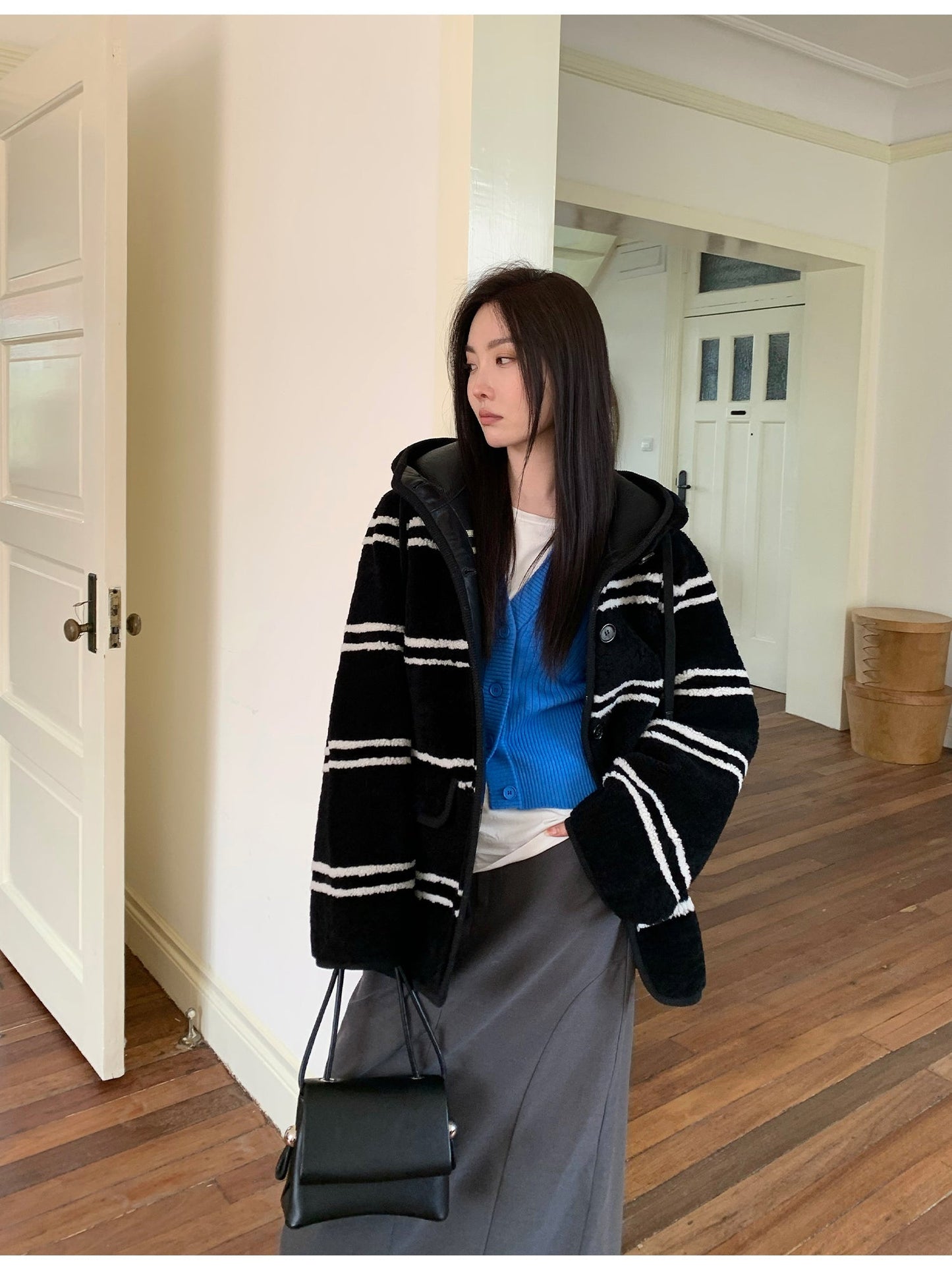 Fireladyfur Women's Lamb Wool Striped Jacket