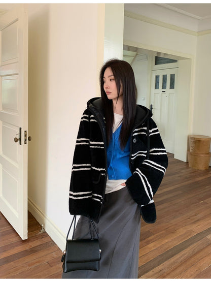 Fireladyfur Women's Lamb Wool Striped Jacket