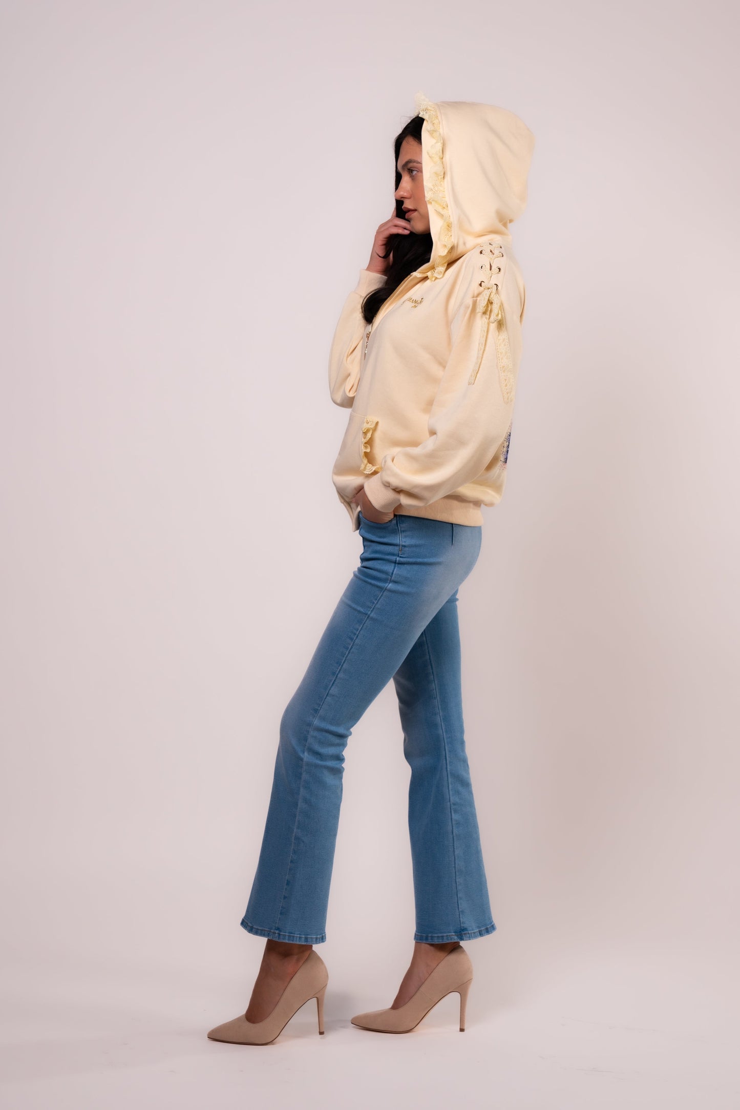 Brangio Vintage Lace-Trimmed Hooded Zip-Up Jacket