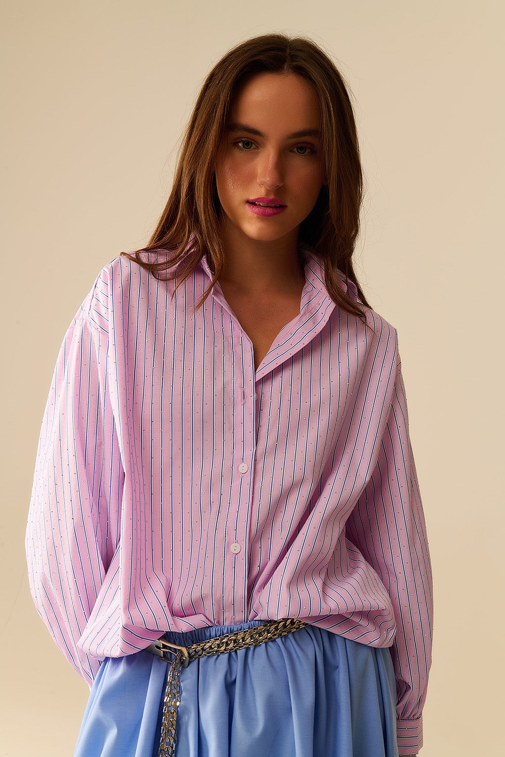 Pink Striped Poplin Shirt with Strass Details