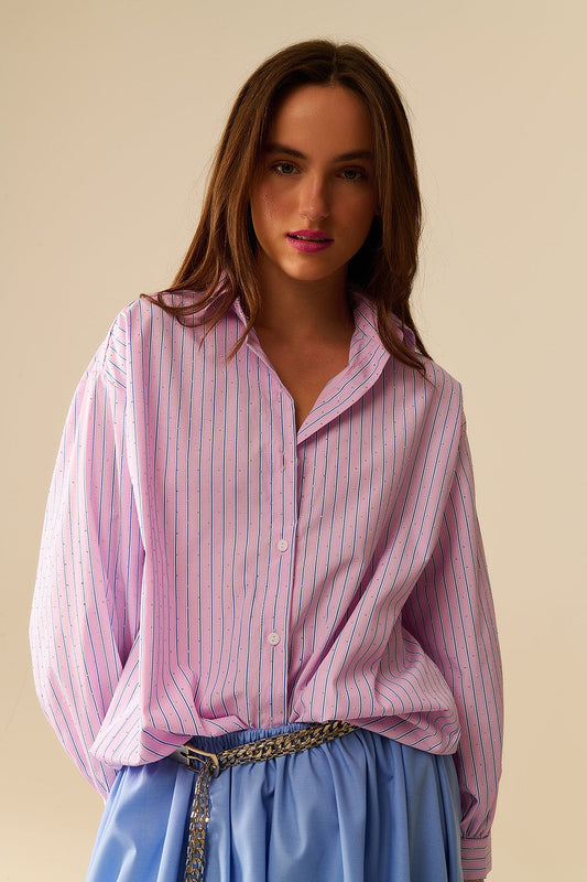 Pink Striped Poplin Shirt with Strass Details