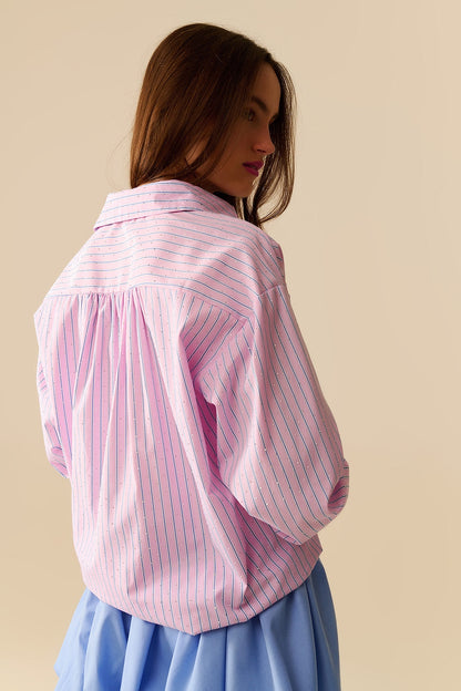 Pink Striped Poplin Shirt with Strass Details