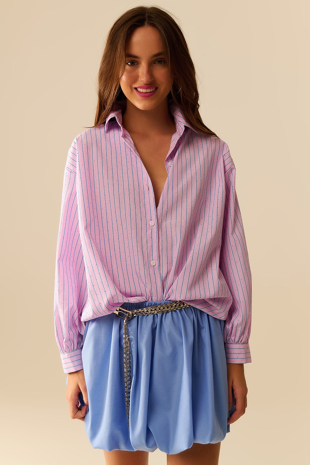 Pink Striped Poplin Shirt with Strass Details