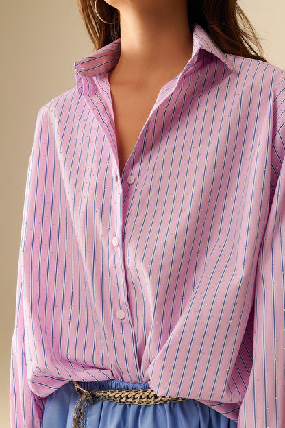 Pink Striped Poplin Shirt with Strass Details