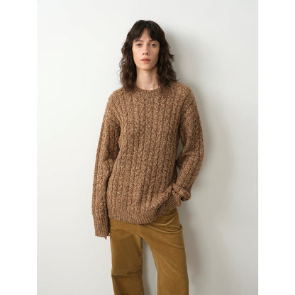 Cable-Cut Round Neck Wool Blend Sweater