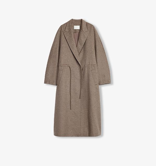 Original Wool Peaked Lapel Drawstring Coat – Elegant Mid-Length Style
