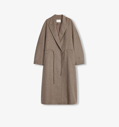 Original Wool Peaked Lapel Drawstring Coat – Elegant Mid-Length Style