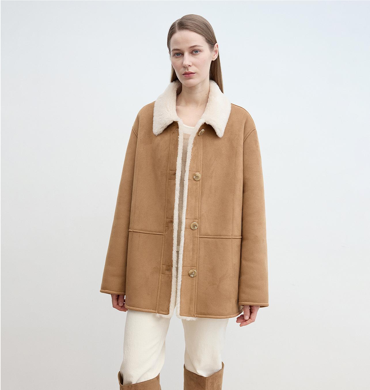 Vintage Manor High Quality Wool Contrast Lapel Reversible  Shearling Jacket