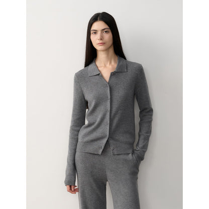 Merino Wool Knit Set – Polo Cardigan & Straight-Leg Pants