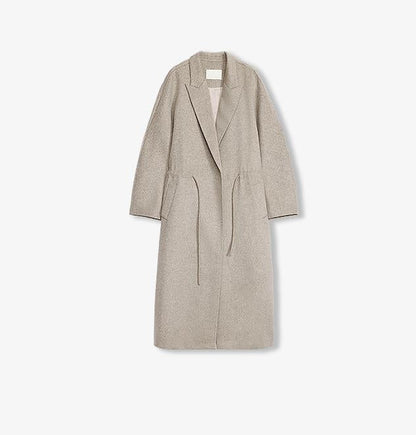 Original Wool Peaked Lapel Drawstring Coat – Elegant Mid-Length Style
