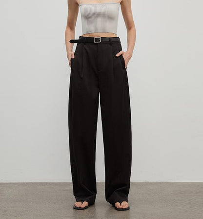 Spliced Double-Pleat Wide-Leg Trousers Straight-Leg Trousers