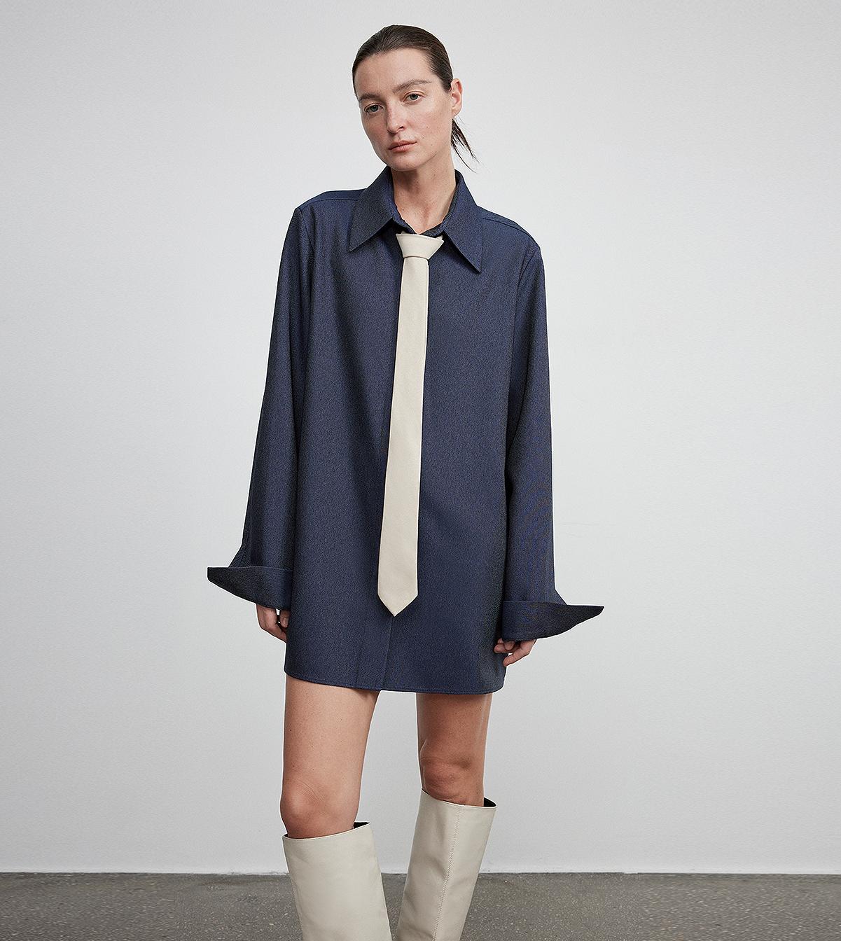 High-End Draped Long Shirt – Elegant Two-Button Straight Fit with Embroidered Cuffs
