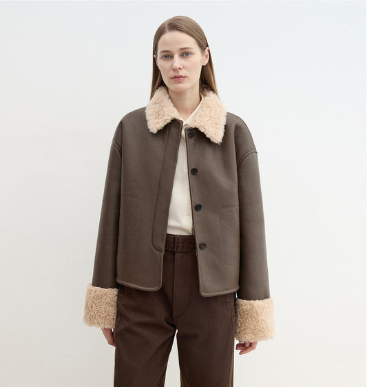Furry Lapel Casual Straight Shorn Shearling Jacket