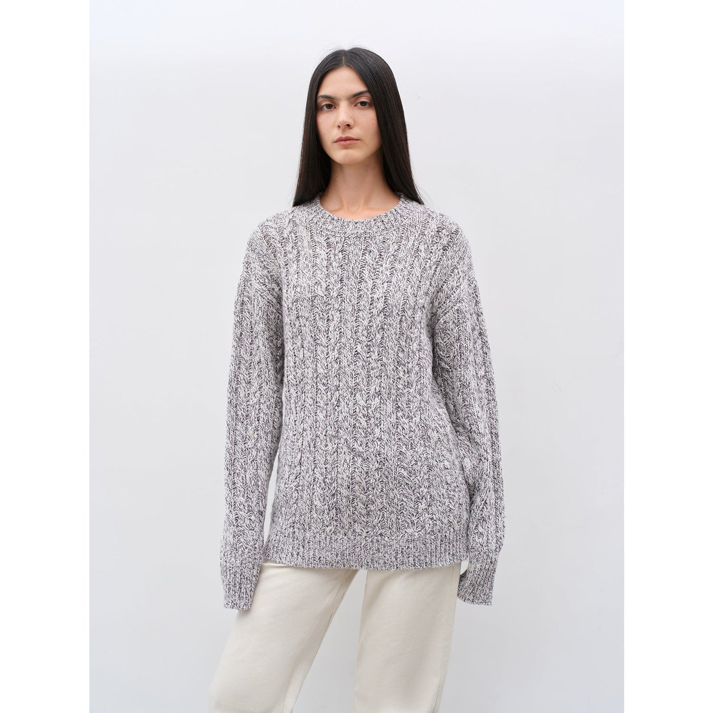 Cable-Cut Round Neck Wool Blend Sweater