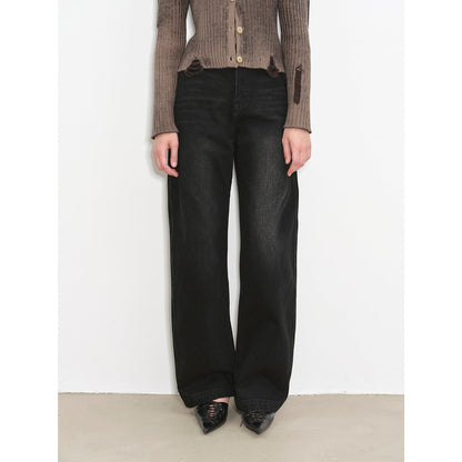 Slim and Durable Mid-Rise Curved Knife Cotton Washed Jeans