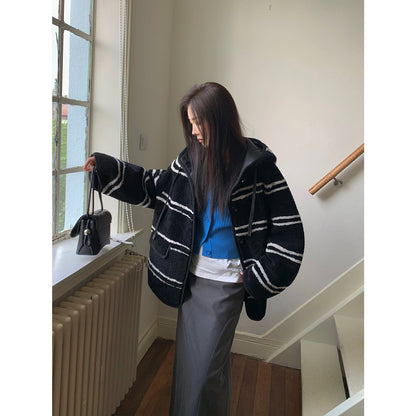 Fireladyfur Women's Lamb Wool Striped Jacket