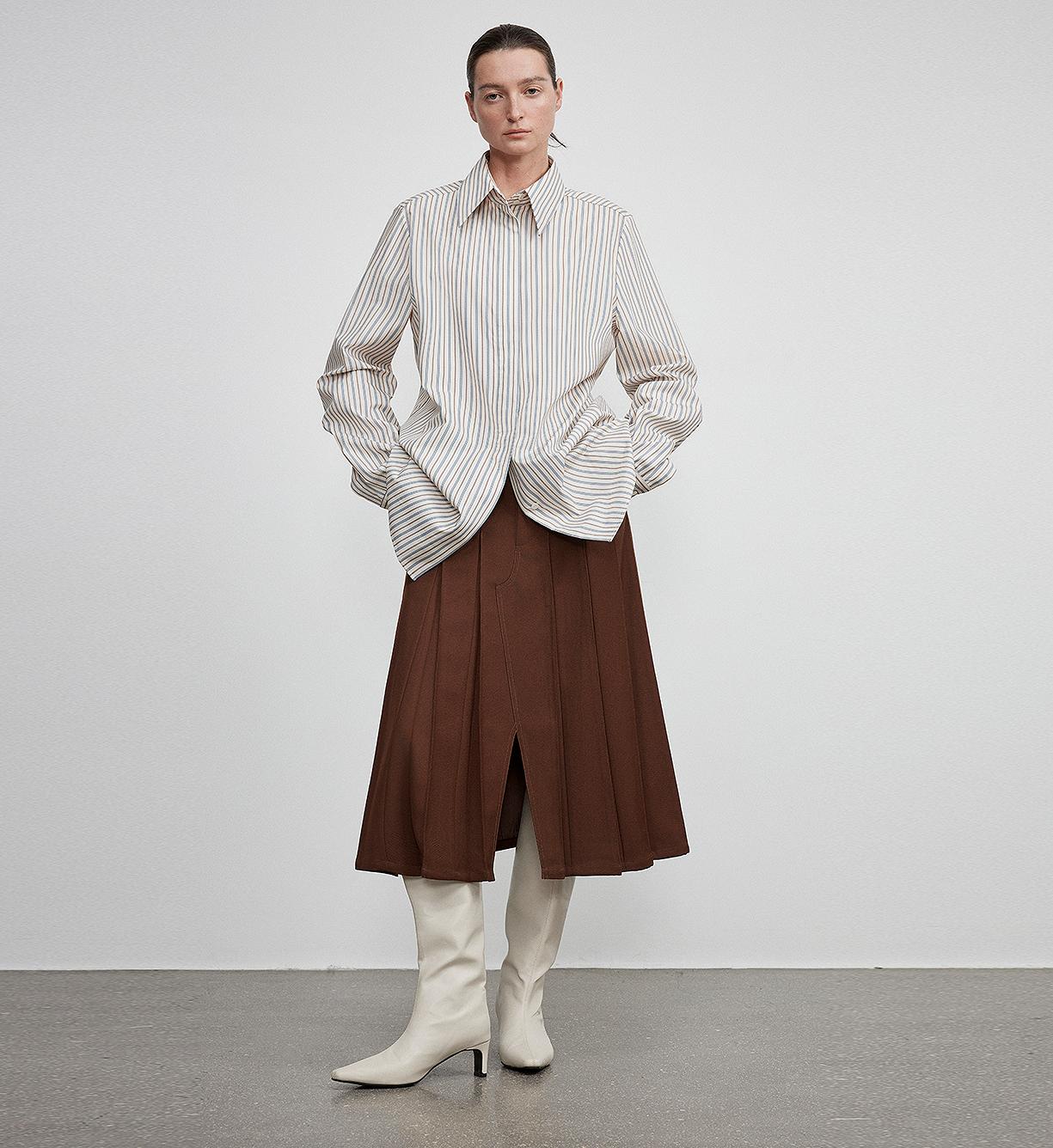 High-End Draped Long Shirt – Elegant Two-Button Straight Fit with Embroidered Cuffs