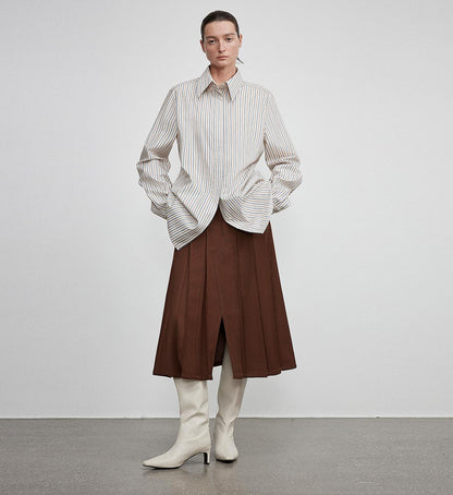 High-End Draped Long Shirt – Elegant Two-Button Straight Fit with Embroidered Cuffs