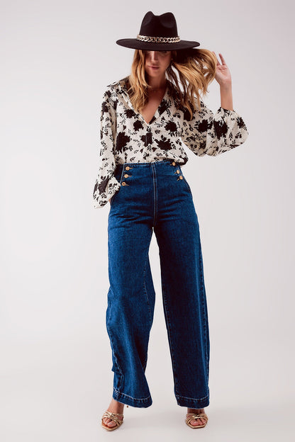 Button-Front Wide-Leg Jeans – Mid Blue Vintage Charm