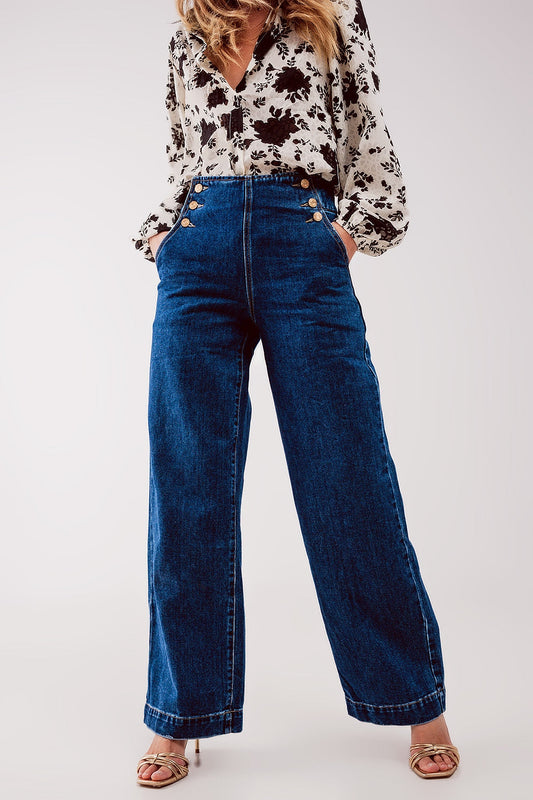 Button-Front Wide-Leg Jeans – Mid Blue Vintage Charm