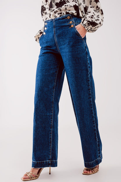 Button-Front Wide-Leg Jeans – Mid Blue Vintage Charm