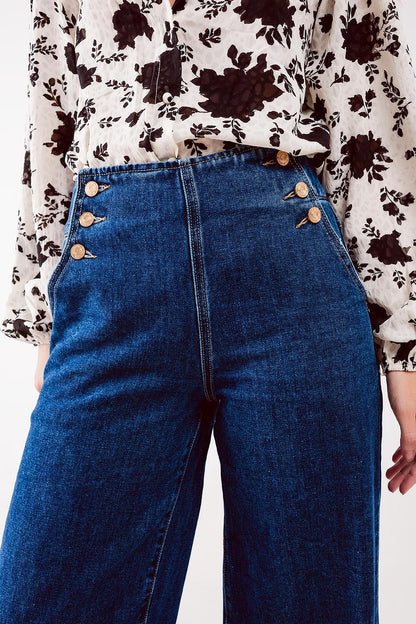 Button-Front Wide-Leg Jeans – Mid Blue Vintage Charm