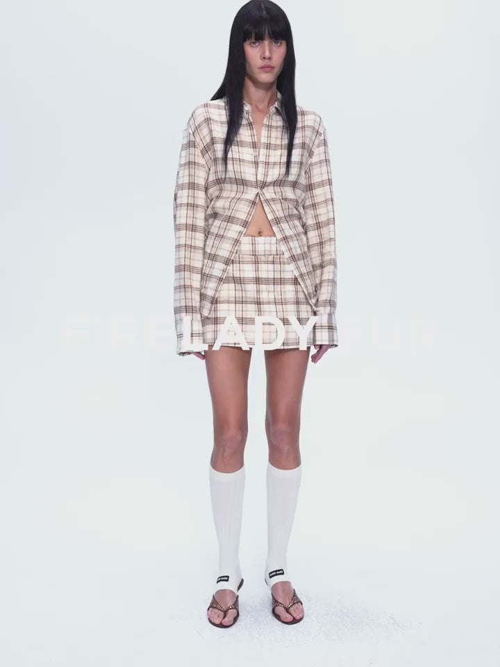 Plaid Sketch Vintage Linen Two-Piece Set – Retro Check Shirt & Skirt