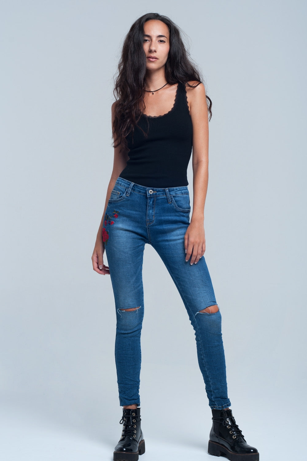 Geo-Embroidered Skinny Jeans – Sleek & Artistic Edge