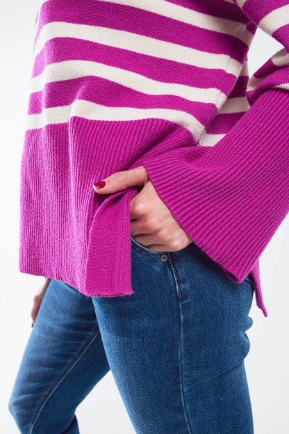 Fuchsia Oversized Turtleneck Sweater – Striped Side-Split Knit