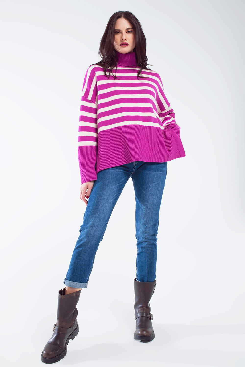 Fuchsia Oversized Turtleneck Sweater – Striped Side-Split Knit