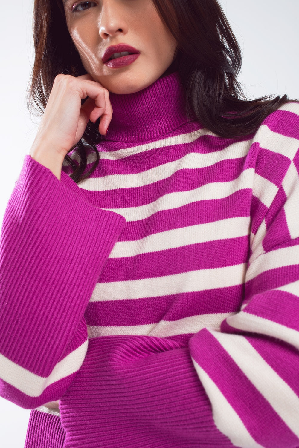 Fuchsia Oversized Turtleneck Sweater – Striped Side-Split Knit