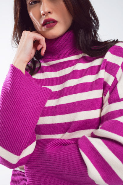 Fuchsia Oversized Turtleneck Sweater – Striped Side-Split Knit