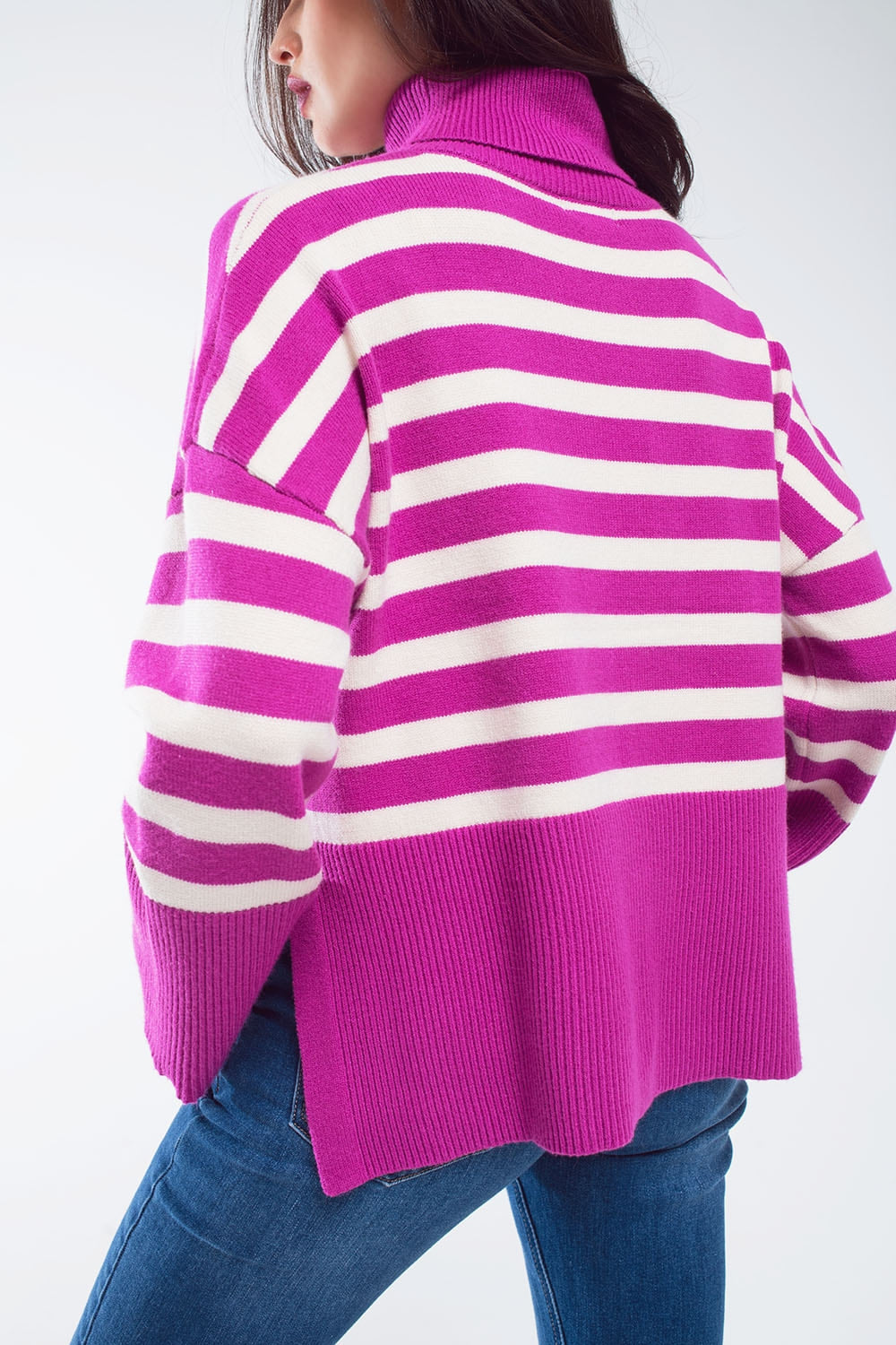 Fuchsia Oversized Turtleneck Sweater – Striped Side-Split Knit