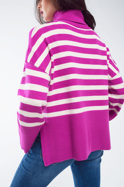 Fuchsia Oversized Turtleneck Sweater – Striped Side-Split Knit