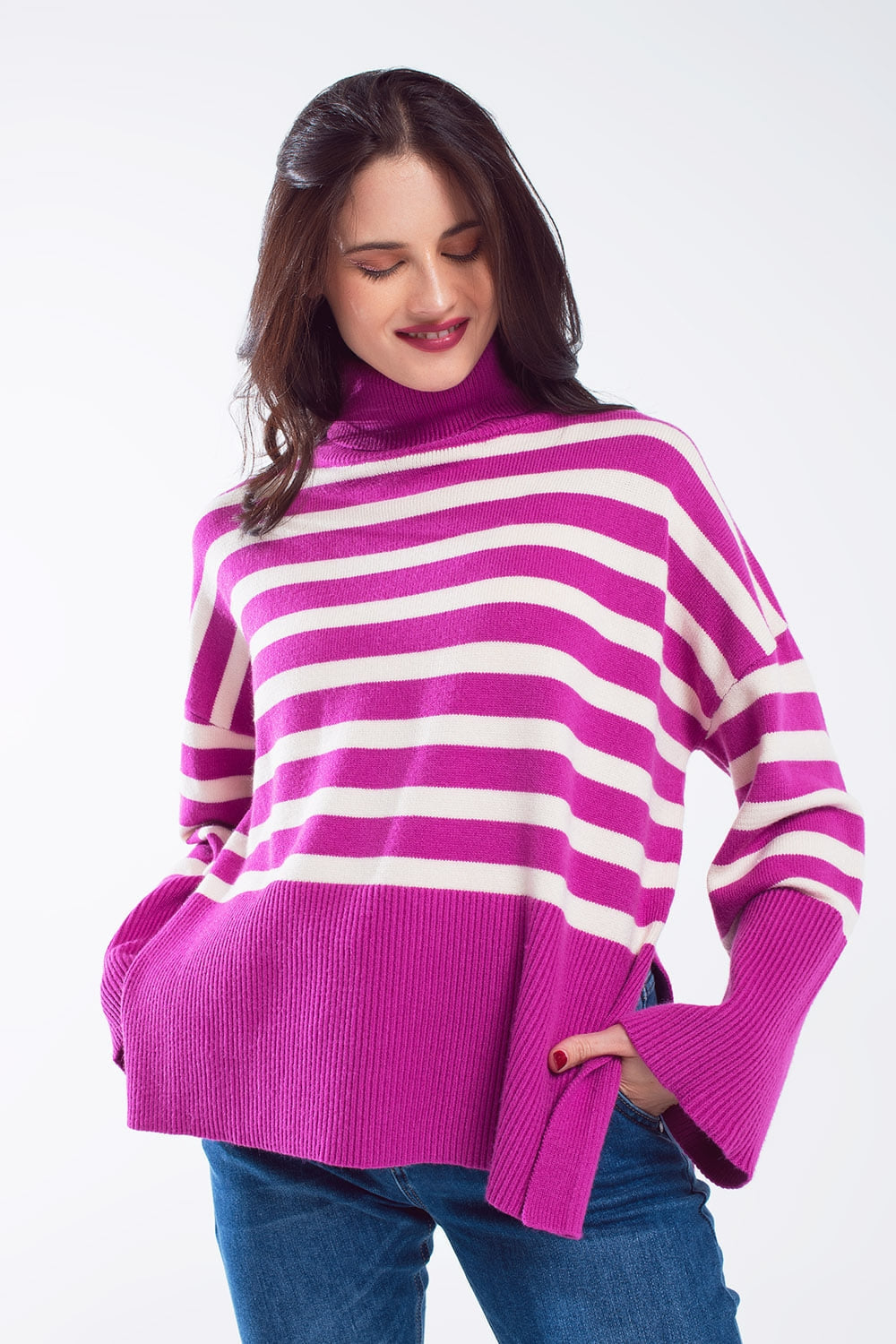 Fuchsia Oversized Turtleneck Sweater – Striped Side-Split Knit