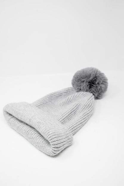 Gray Ribbed Knit Pom-Pom Hat | Wool Blend Winter Beanie