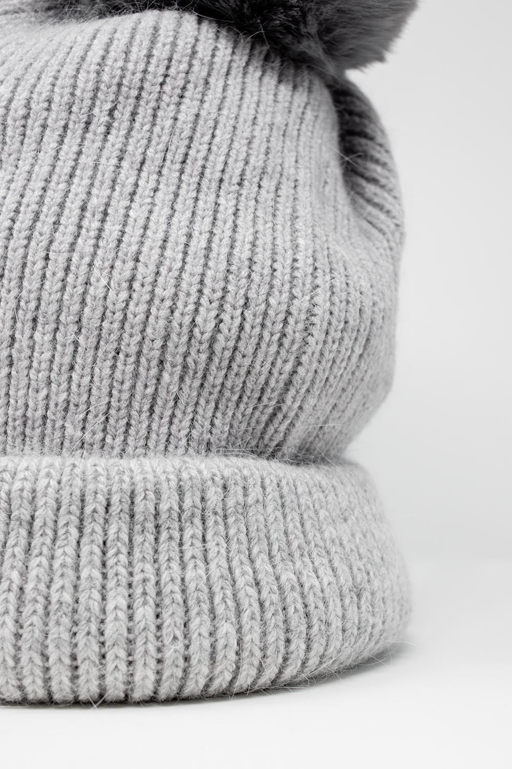 Gray Ribbed Knit Pom-Pom Hat | Wool Blend Winter Beanie