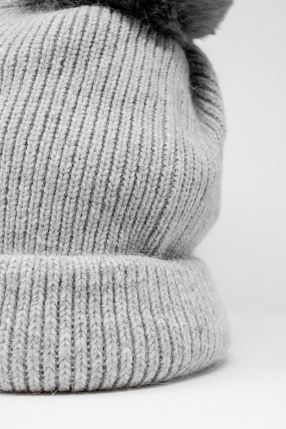 Gray Ribbed Knit Pom-Pom Hat | Wool Blend Winter Beanie