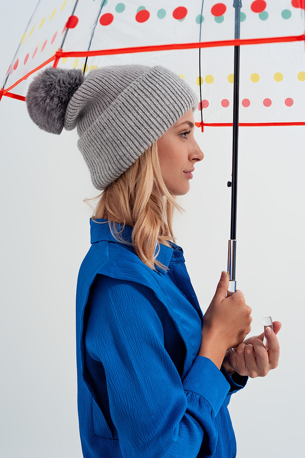 Gray Ribbed Knit Pom-Pom Hat | Wool Blend Winter Beanie